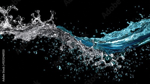 Dynamic splash of water with droplets and waves against a black background