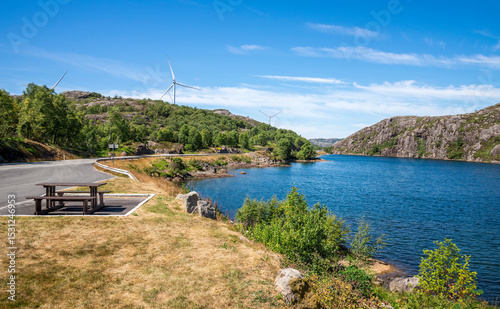 Scenic View of a Rest Area Along Highway Road Outside of Egersund With Picnic Table and Bench, Wind Turbines and Coastal Fjord Landscape, Rogaland, Norway, 14 July 2018