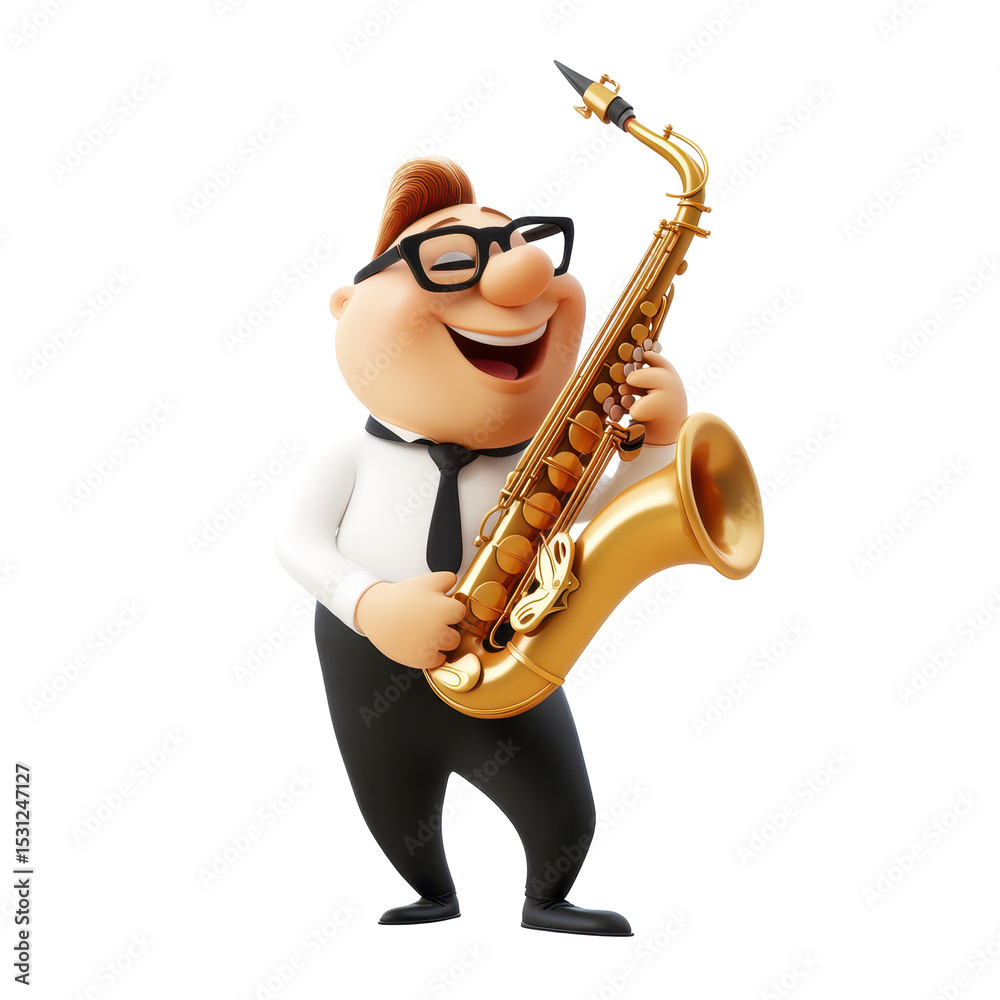 Naklejka premium Jazz musician plays saxophone with joy in a lively animated performance