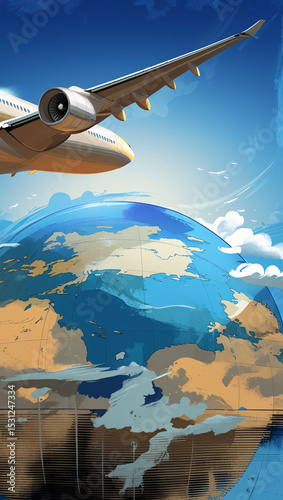 An airplane flies over a stylized globe, with a bright blue sky and scattered clouds.
