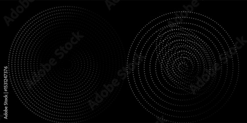 Halftone circular dotted frames set. Circle dots texture isolated on white background. Spotted spray texture. Vector abstract design element spiral circle sound wave vector logo modern black and white