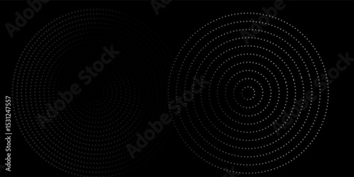 Halftone circular dotted frames set. Circle dots texture isolated on white background. Spotted spray texture. Vector abstract design element spiral circle sound wave vector logo modern black and white