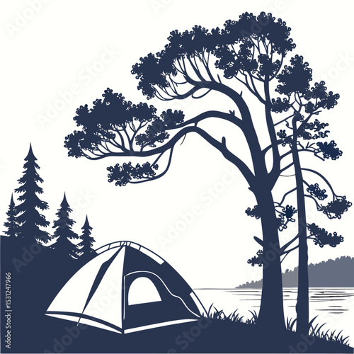 Night Camp Illustration: A serene scene under the moonlight with a tent set up near a large tree in a silhouetted illustration, evoking a sense of adventure and peaceful camping experience.	