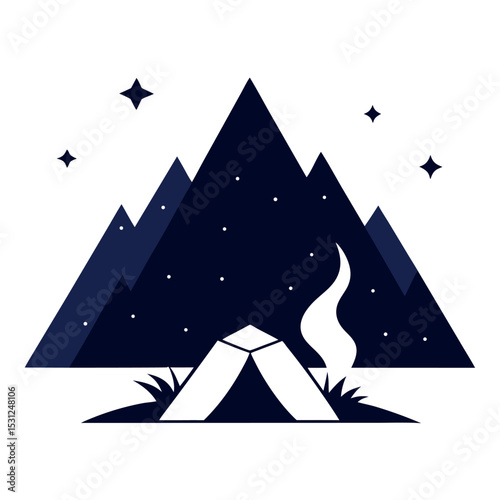 Winter holiday card design with pyramids in a snowy landscape and a decorated Christmas tree illustration at night