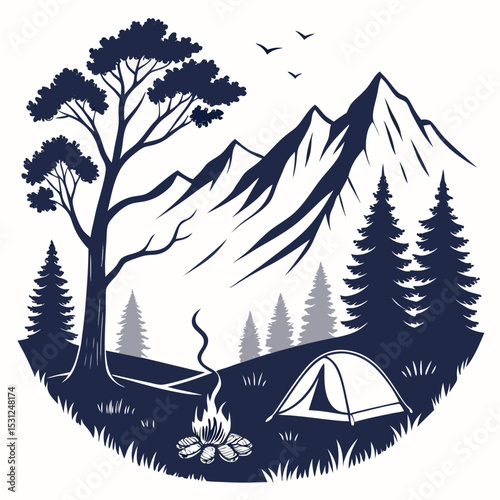 Night Camp Illustration: A serene scene under the moonlight with a tent set up near a large tree in a silhouetted illustration, evoking a sense of adventure and peaceful camping experience.	