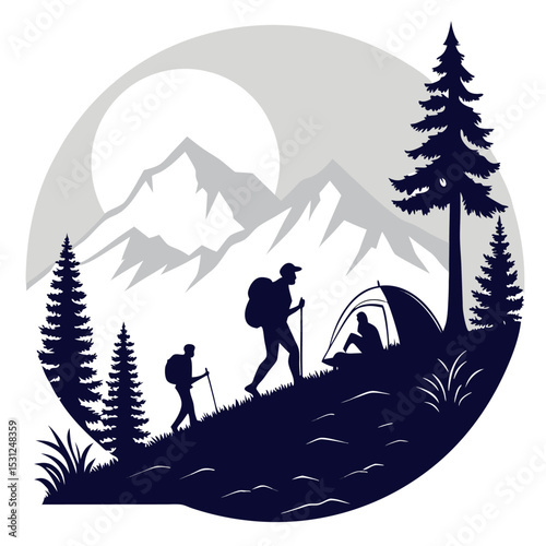 Night Camp Illustration: A serene scene under the moonlight with a tent set up near a large tree in a silhouetted illustration, evoking a sense of adventure and peaceful camping experience.	