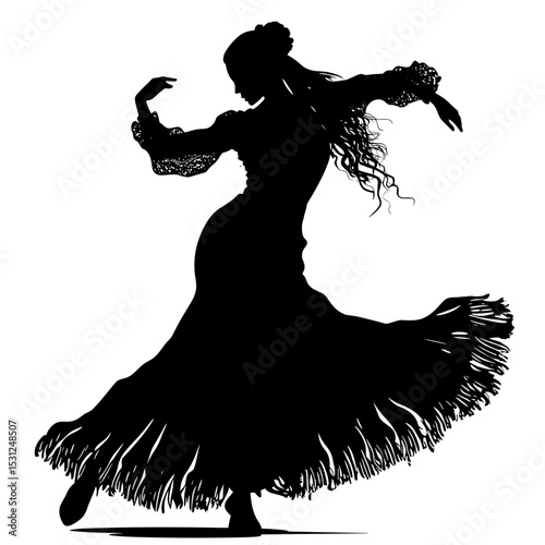Silhouette of a dancing woman, graceful, performing in traditional attire, suitable for cultural events
