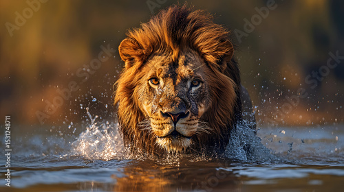 Majestic lion wading through water with intense gaze wildlife photography animal portrait nature photography