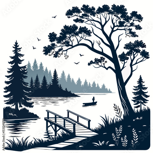 Winter forest landscape with trees, snow, and a reflection in a frozen lake at sunset