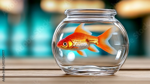 Goldfish swimming inside a glass bowl with a blurred background photo