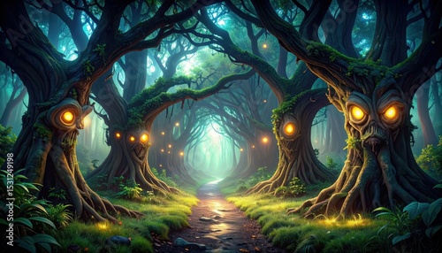 Mysterious Pathway Through Forest of Ancient Sentient Trees
