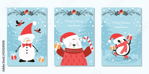 A set of winter greeting cards. Fashionable minimalistic design with a snowman, a polar bear, a penguin in Santa Claus hats and with gifts. Vector template for a poster, banner, or holiday cover.