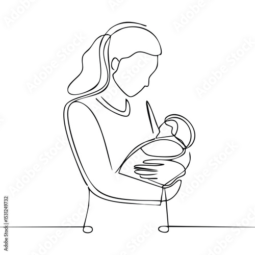 Minimalist one-line drawing of a mother holding a baby in her arms, soft and loving moment