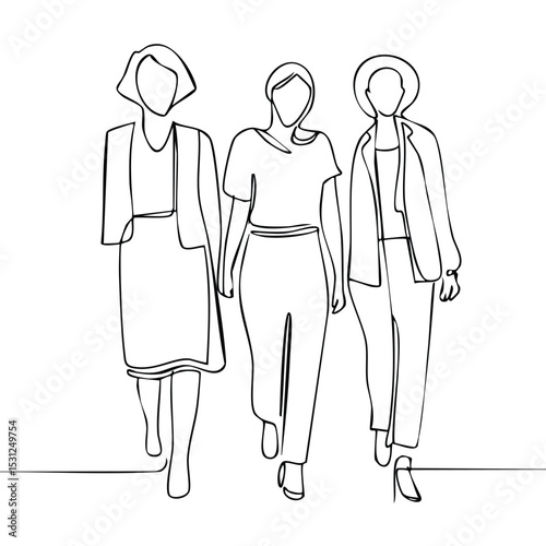 Minimalist one-line drawing of a multicultural group of women walking together