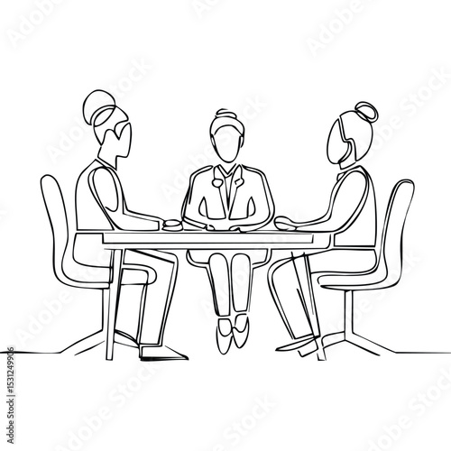 Minimalist one-line drawing of a team of coworkers gathered around a table in discussion