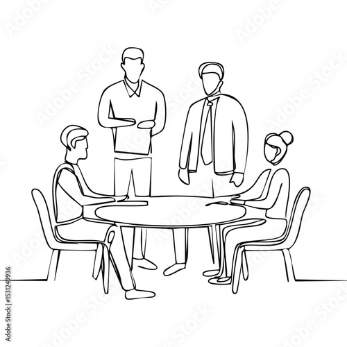 Minimalist one-line drawing of a team of coworkers gathered around a table in discussions