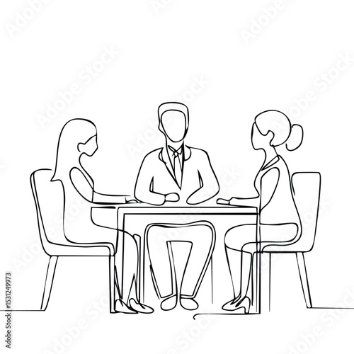 Minimalist one-line drawing of a team of coworkers gathered around