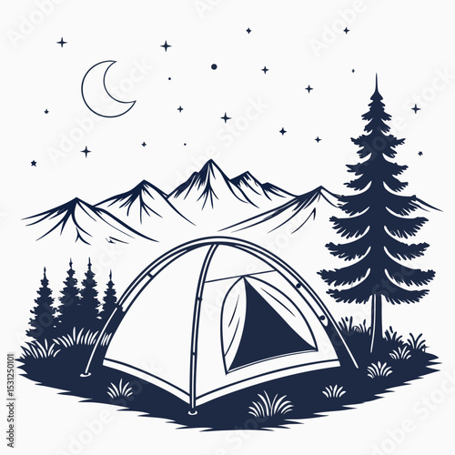 Camping Scene:  A serene camping scene, featuring a tent, mountains, and forest in a picturesque setting.
