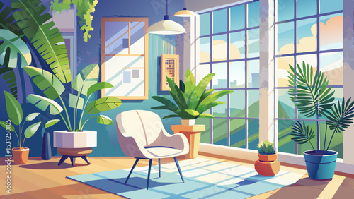 In a bright, roomy living area, a white chair and a potted fern create a cozy vibe. Plants are placed on the floor by the window, enhancing the calm atmosphere of the space.