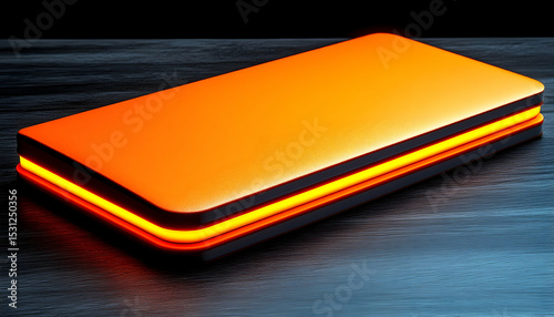 3D render of a rectangular object with glowing edges on a dark textured surface, illuminated from within