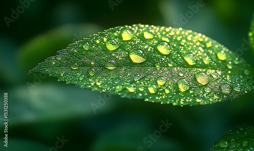 Dew-kissed leaf gleaming with sunlight against a soft, blurred green backdrop