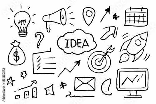Business money sketch idea icon set in hand drawn chalkboard style for startup and teamwork concept vector illustration