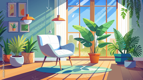 In a bright, roomy living area, a white chair and a potted fern create a cozy vibe. Plants are placed on the floor by the window, enhancing the calm atmosphere of the space.