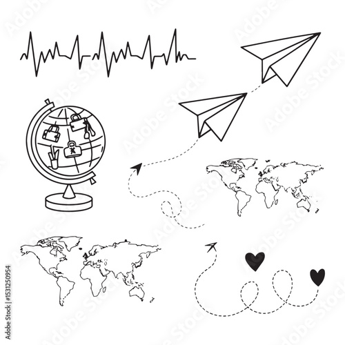 Hand-drawn vector illustration of a world map with arrows, symbolizing global travel and communication