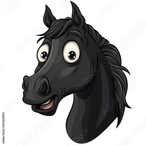 black horse head cartoon illustration with silly face, isolated on white background