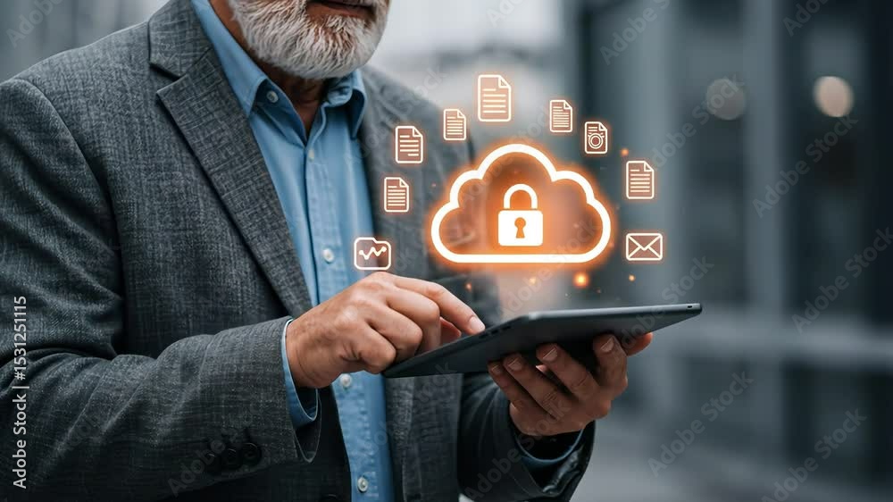 A middle-aged man uses a tablet outside while accessing secure cloud storage. Icons representing documents and email surround a cloud symbol, highlighting digital data protection