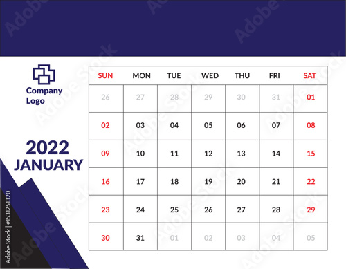 Blue black red color calendar 2022 January vector illustration design  