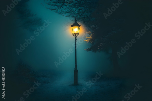Illuminated lamppost piercing through heavy fog in a blue-toned winter landscape