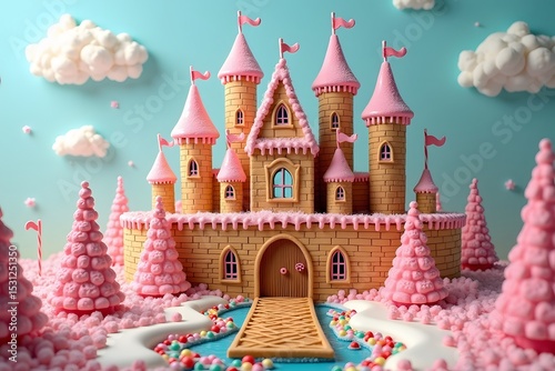 Delightful pink castle scene with candy trees and blue sky for children's storybooks