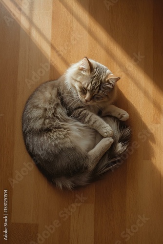 Top View of a Cat Sleeping on Wooden Floor photo