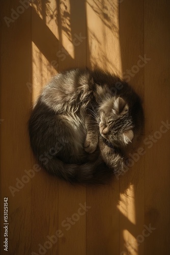 Top View of a Cat Sleeping on Wooden Floor photo