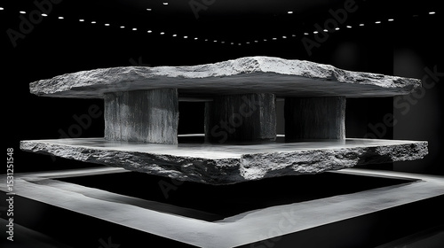Monochrome, textured stone table, comprised of slabs and cylindrical legs, centered in a modern space under bright lighting