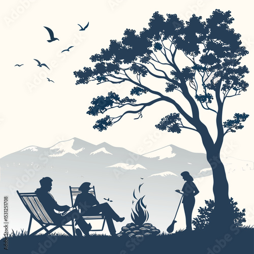Starry Night Camping: A serene illustration depicts a cozy camping scene under a star-studded night sky, a tent and campfire nestled beneath trees, evoking tranquility and adventure.