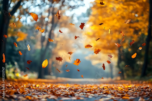 Falling leaves in autumnal park scene. photo