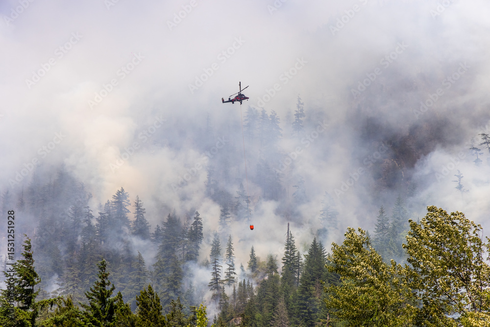 Fototapeta premium Helicopter Extinguishing Forest Fire in Squamish, BC Amid Smoke