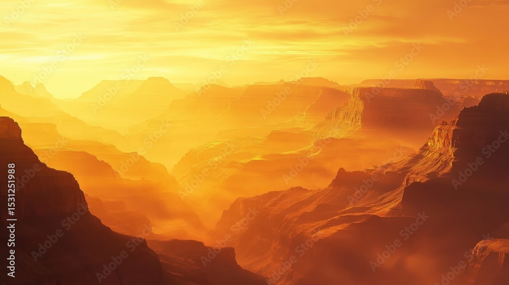 Naklejka premium A scenic canyon landscape illuminated by a warm golden sunlight glow