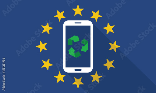 Mobile Phone Recycling with Long Shadow on the European Union Flag.
