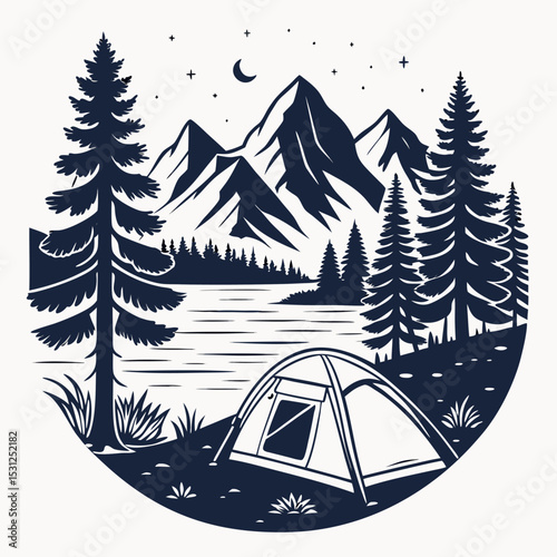 Camping Scene:  A serene camping scene, featuring a tent, mountains, and forest in a picturesque setting.