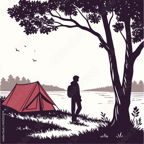 Solo Camping by the Lake: A lone hiker pauses by their tent, enjoying the serene view of a calm lake nestled amidst a tranquil forest.