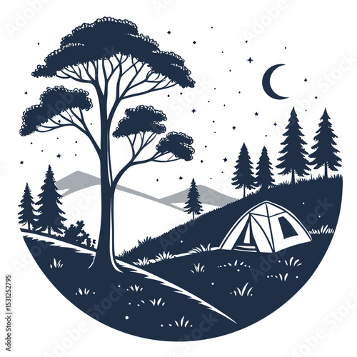 Camping Under the Stars: A serene camping scene under a starlit night, complete with a tent, trees, a crescent moon, and rolling hills. Capturing the essence of outdoor adventure and tranquility. 