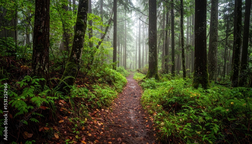 Fototapeta premium Muddy Trail Through Dense Forest During Light Rain and Wet Leaves