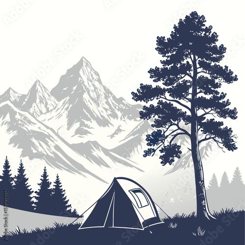 Tranquil Tent Amidst Majestic Peaks: A serene illustration captures the essence of outdoor adventure, with a tent nestled amidst towering mountains and a towering pine tree.