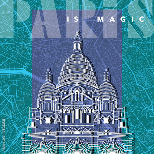 Affiche touristique sur le thème des monuments de Paris en France avec la basilique du Sacré Cœur aux contours filaires blancs sur un fond coloré d’un plan de la ville.