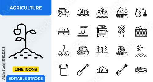 Agriculture Vector Icon Set - Adjustable Line Weight - Farming, cultivation, tractor, barn, field, produce, eggs, boots, well, windmill, basket, shovel, hay, sprouts, milk can, spade, farm, pitchfork
