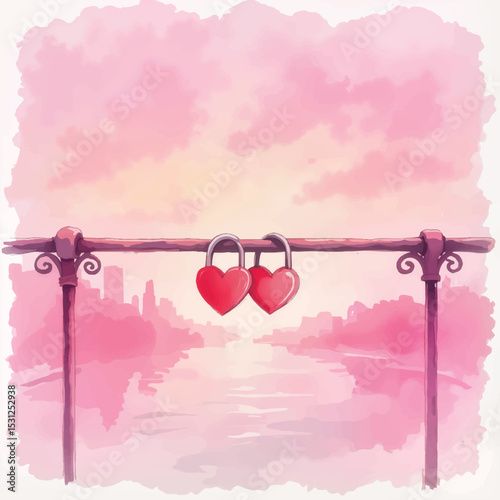 Locking hearts on a romantic bridge with a pink backdrop
