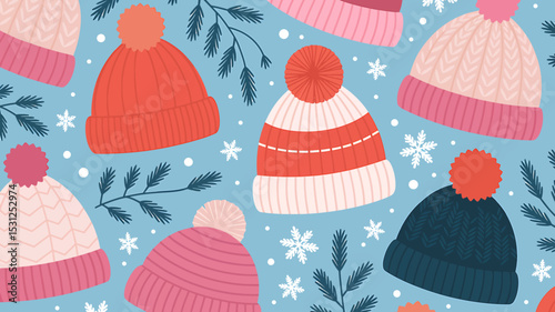 Cozy Winter Wonderland Seamless Pattern of Knitted Hats and Festive Branches